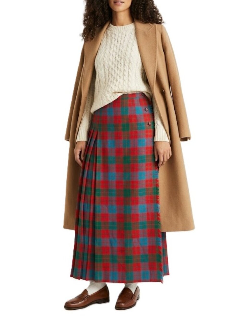 Wool Tartan Kilt Skirt Maxi Red Green Plaid High Waist 26” Vintage Dark Academia